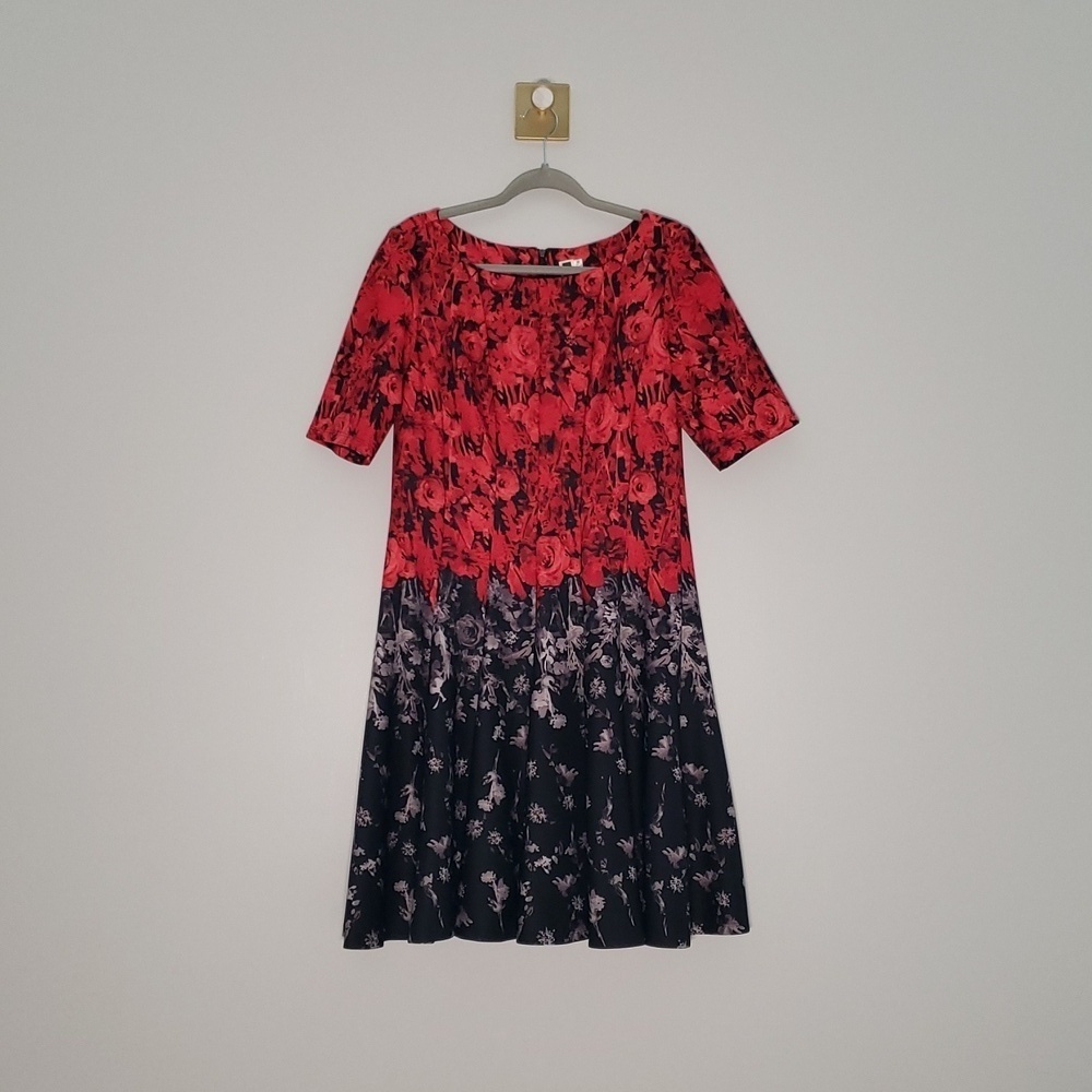 Julian Taylor Midi Dress 16 Red Black Gray Roses A-Line Wedding Guest Church